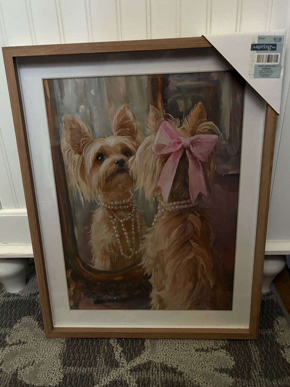 Hobby Lobby Framed Yorkie Art with Pink Bow and Pearl Necklace